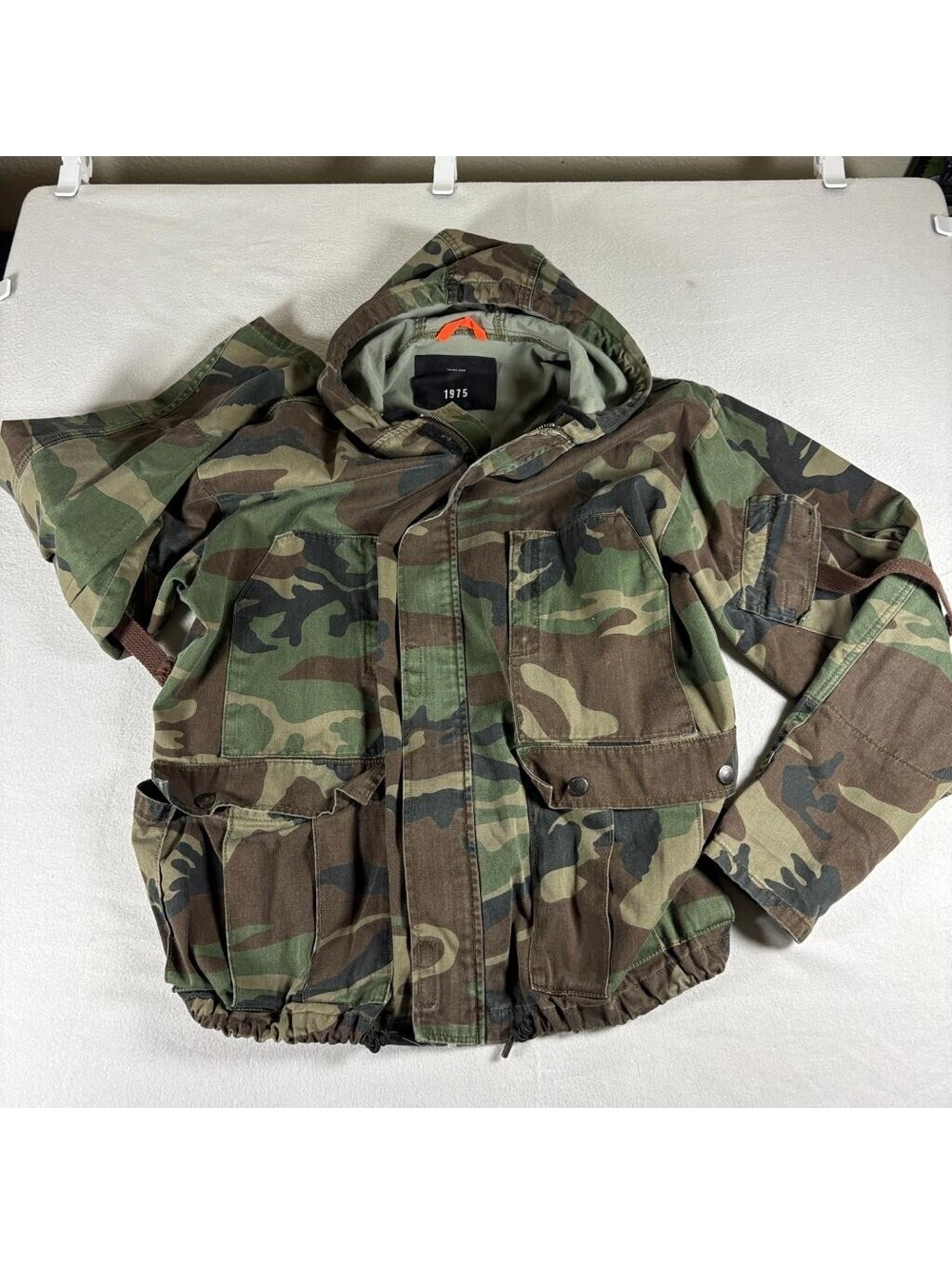 Zara 1975 Camouflage Hooded Field Jacket Mens Small Green Woodland Camo Utility